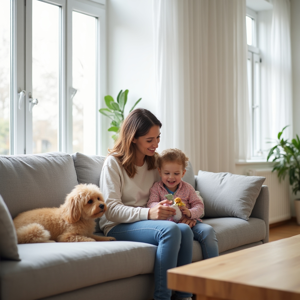 Familie într-un interior curat și igienizat, copil jucându-se pe canapea